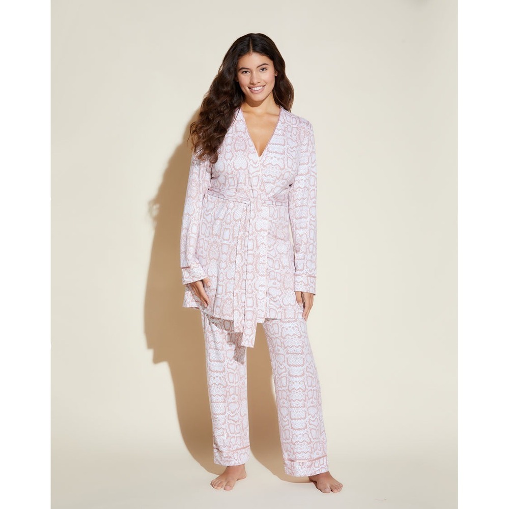 Cosabella Bella Pima Cotton 3 Piece Pajama Set Pink‎ Snakeskin Robe Cami Pants S